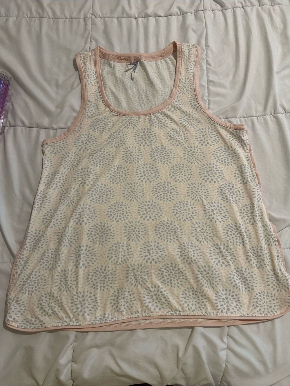 Izod Women’s Pajama Set Cream Tank with Pink Trim and Gray Dot Medallion Print